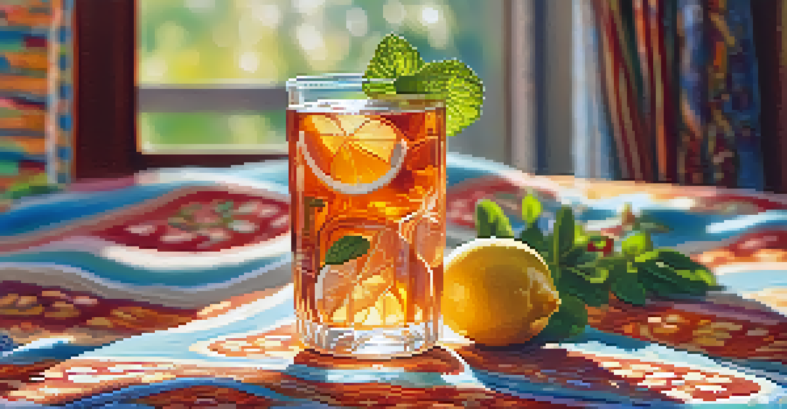 A glass of fizzy kombucha garnished with lemon and mint on a patterned tablecloth, with sunlight creating shadows.