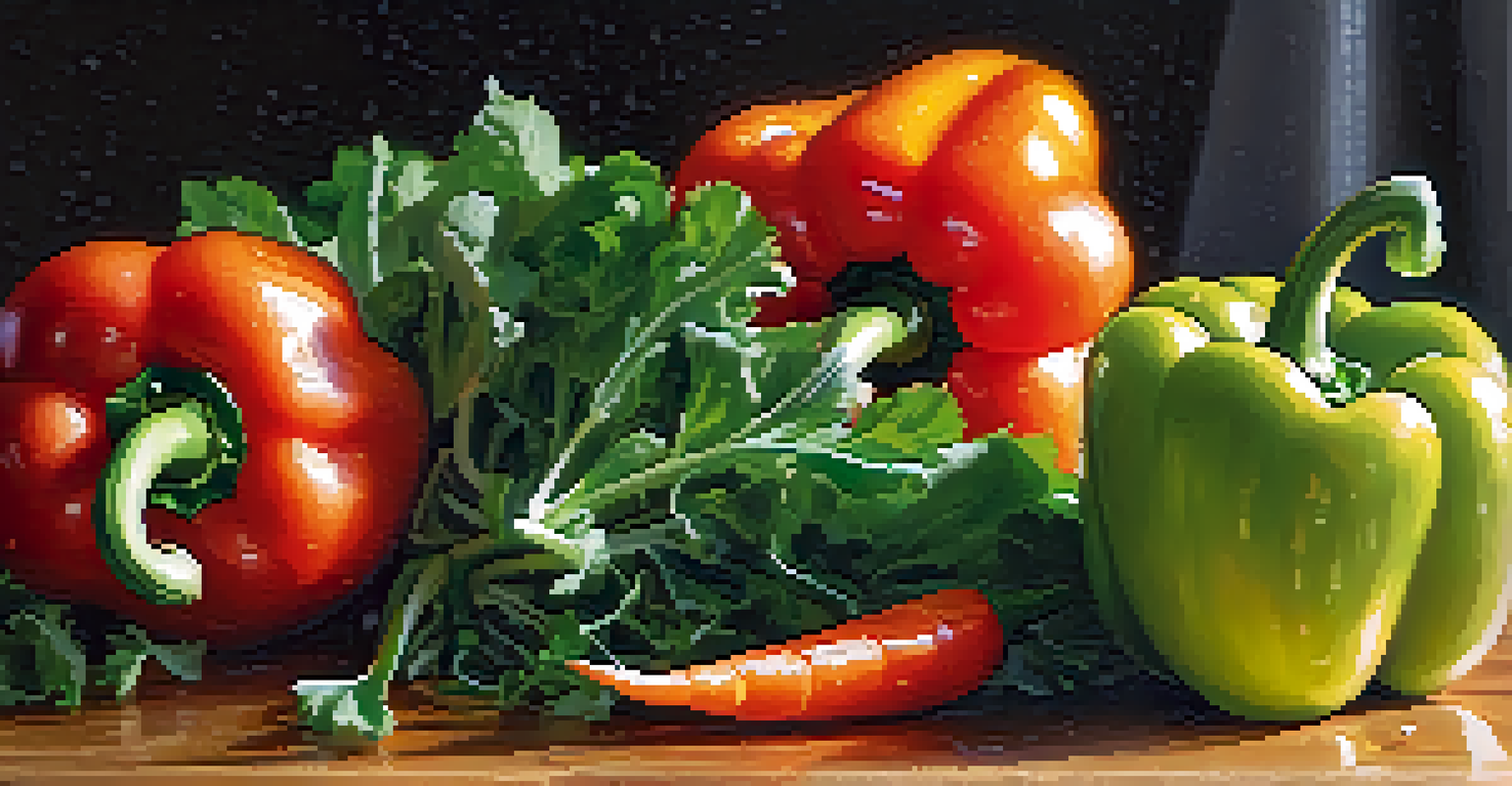 A close-up of vibrant washed vegetables on a cutting board, showcasing their freshness and colors in a well-lit kitchen.