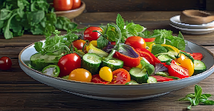 A colorful raw food salad with cherry tomatoes, cucumbers, and bell peppers on a rustic wooden table, illuminated by natural light.