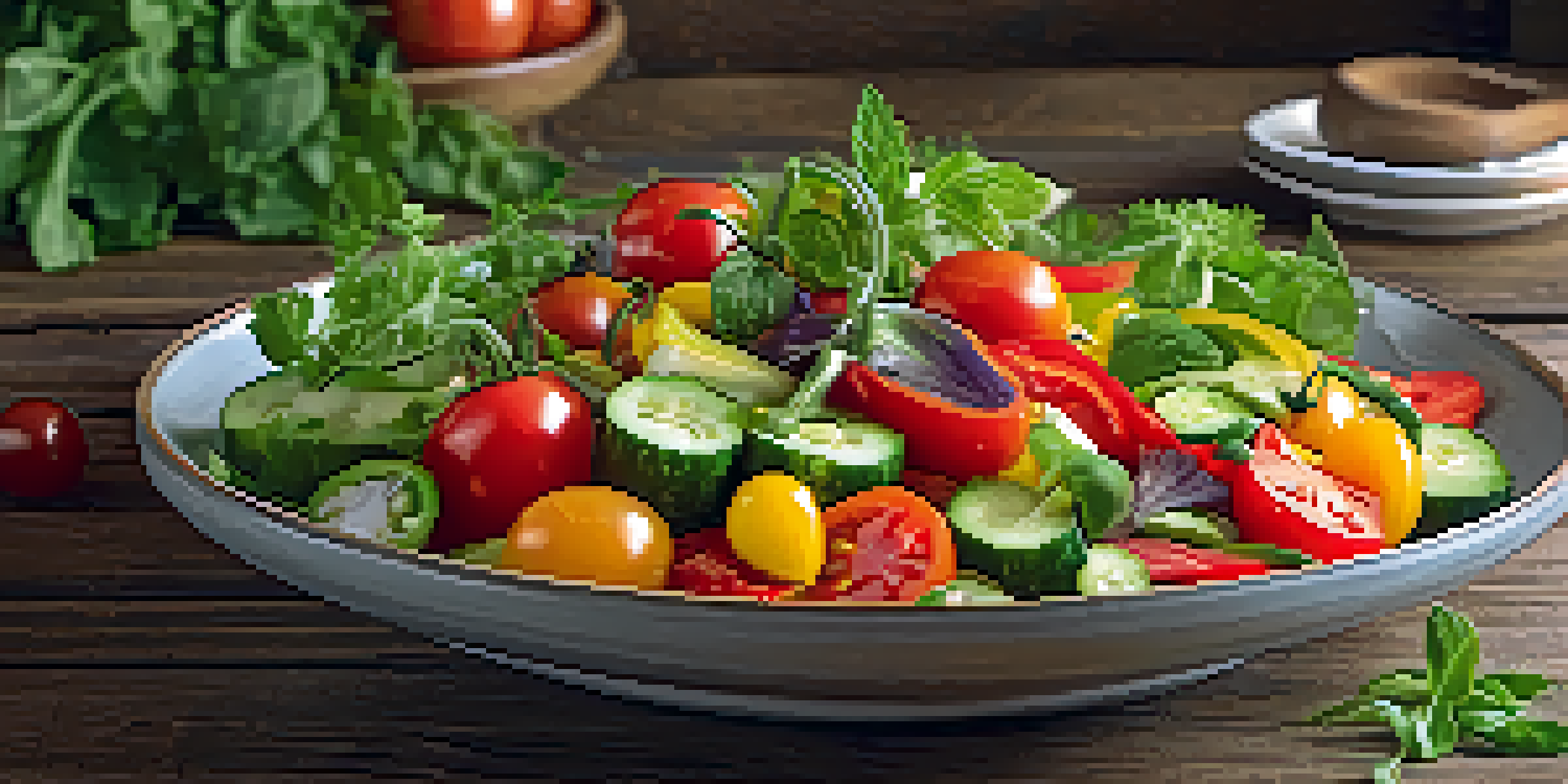 A colorful raw food salad with cherry tomatoes, cucumbers, and bell peppers on a rustic wooden table, illuminated by natural light.
