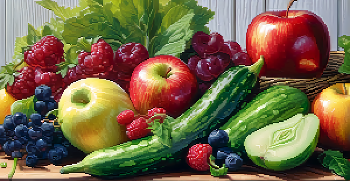 A colorful arrangement of fresh raw fruits and vegetables on a wooden table, with an apple, cucumber, and berries, illuminated by soft natural light.