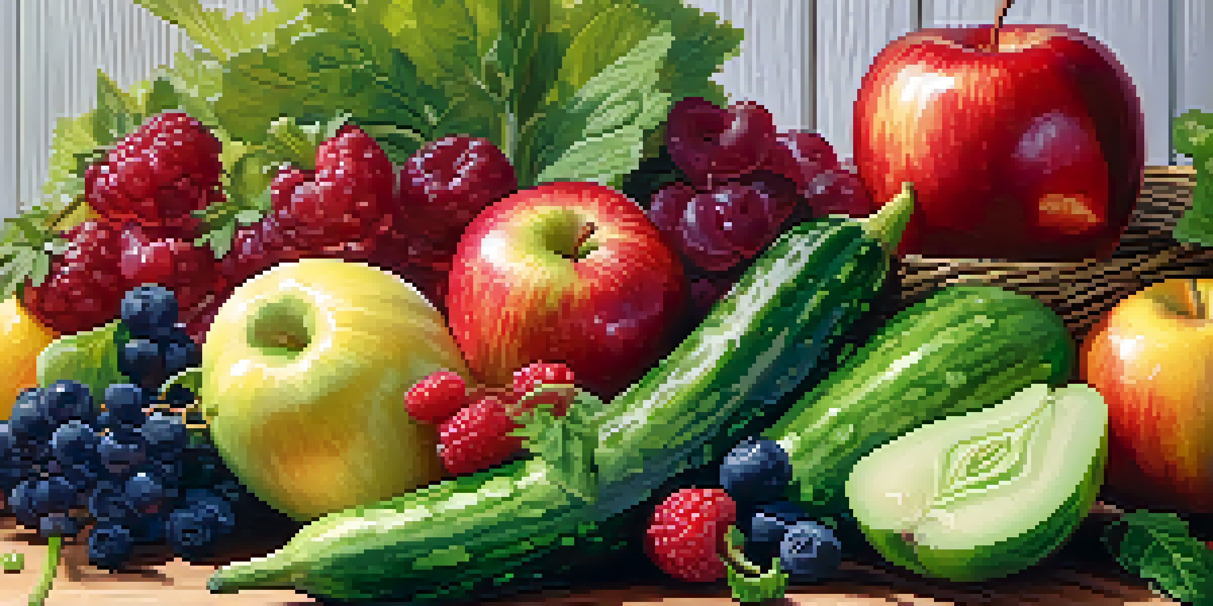 A colorful arrangement of fresh raw fruits and vegetables on a wooden table, with an apple, cucumber, and berries, illuminated by soft natural light.