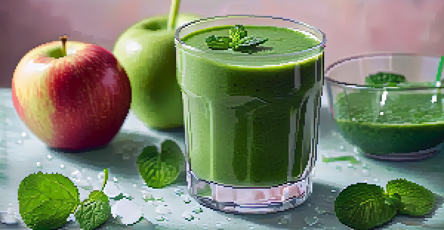 A close-up of a green smoothie in a clear glass, garnished with mint leaves and placed against a backdrop of leafy greens.