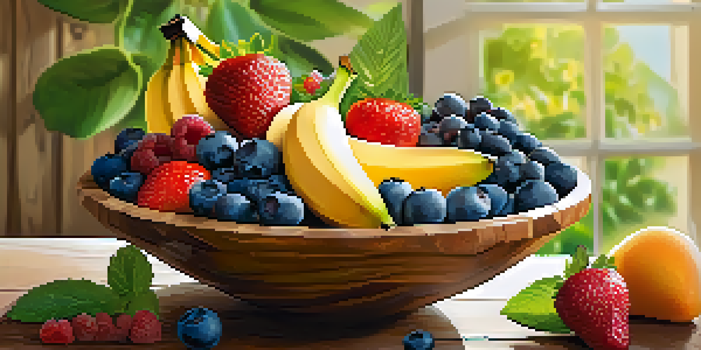 A wooden bowl filled with a colorful assortment of fresh fruits including bananas, strawberries, blueberries, and mangoes, with sunlight illuminating the scene.
