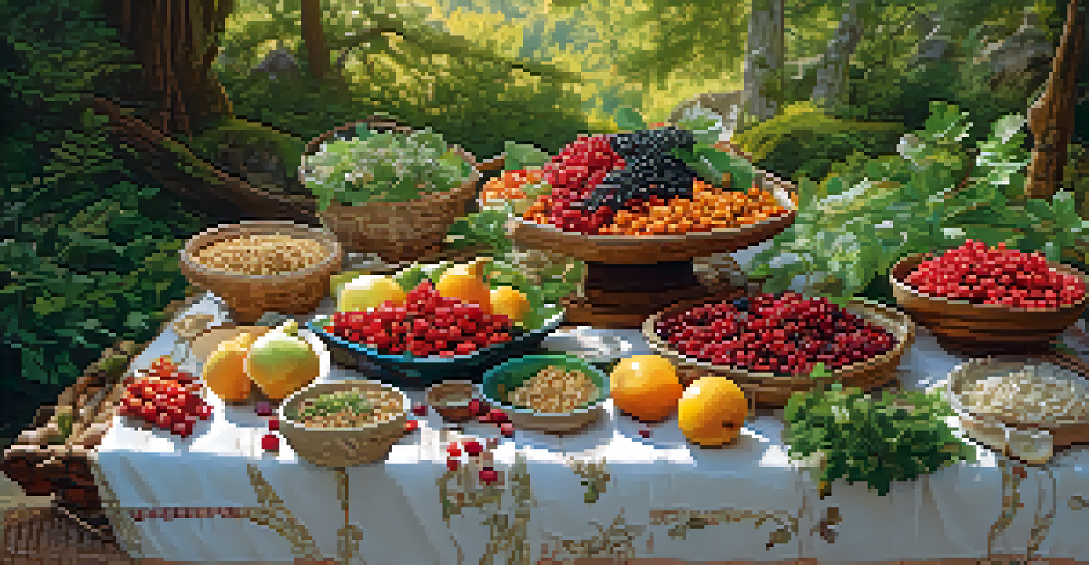 A traditional feast of raw foods displayed on a mat in nature, featuring colorful berries, nuts, and vegetables.