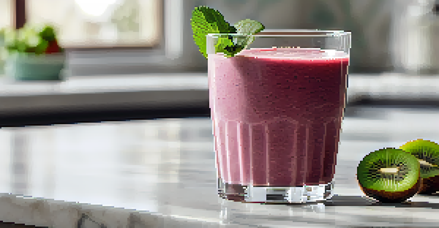 A colorful smoothie in a glass with berries and greens, decorated with kiwi and mint, on a marble countertop.