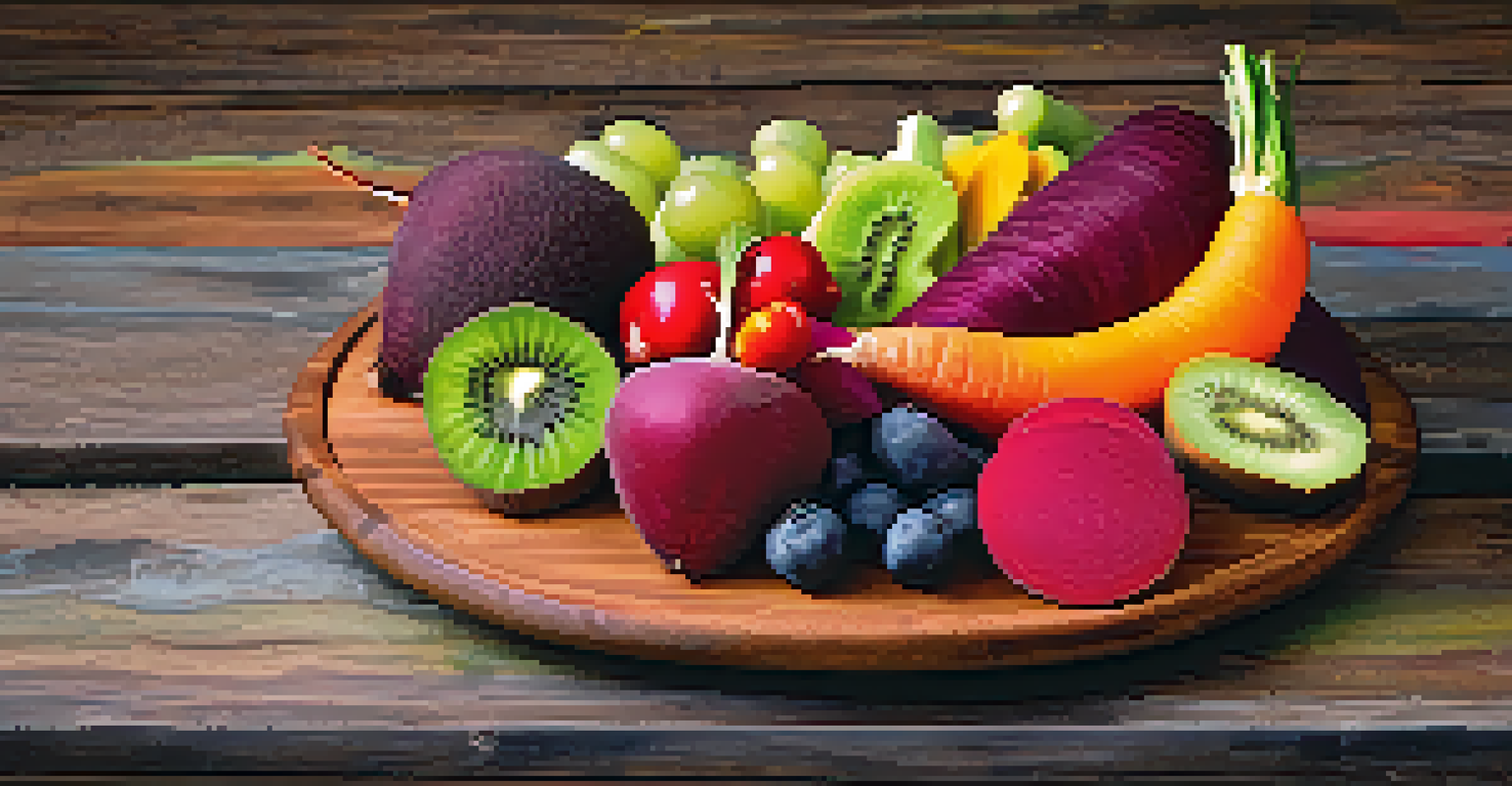 An artistic raw food platter with colorful slices of fruits and vegetables arranged on a wooden board.