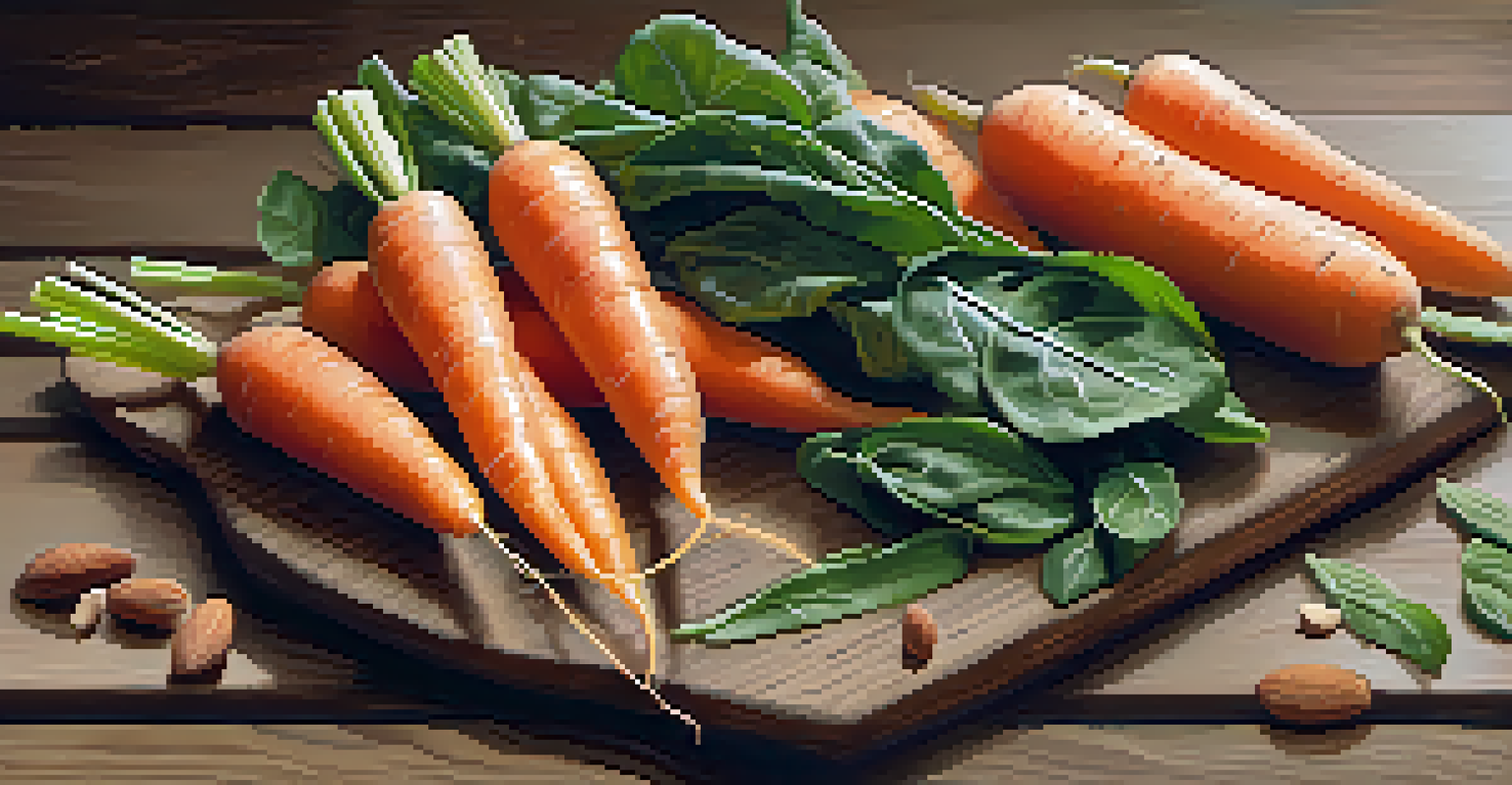 A rustic wooden board displaying a colorful arrangement of raw foods including carrots, spinach, and almonds with fresh berries.