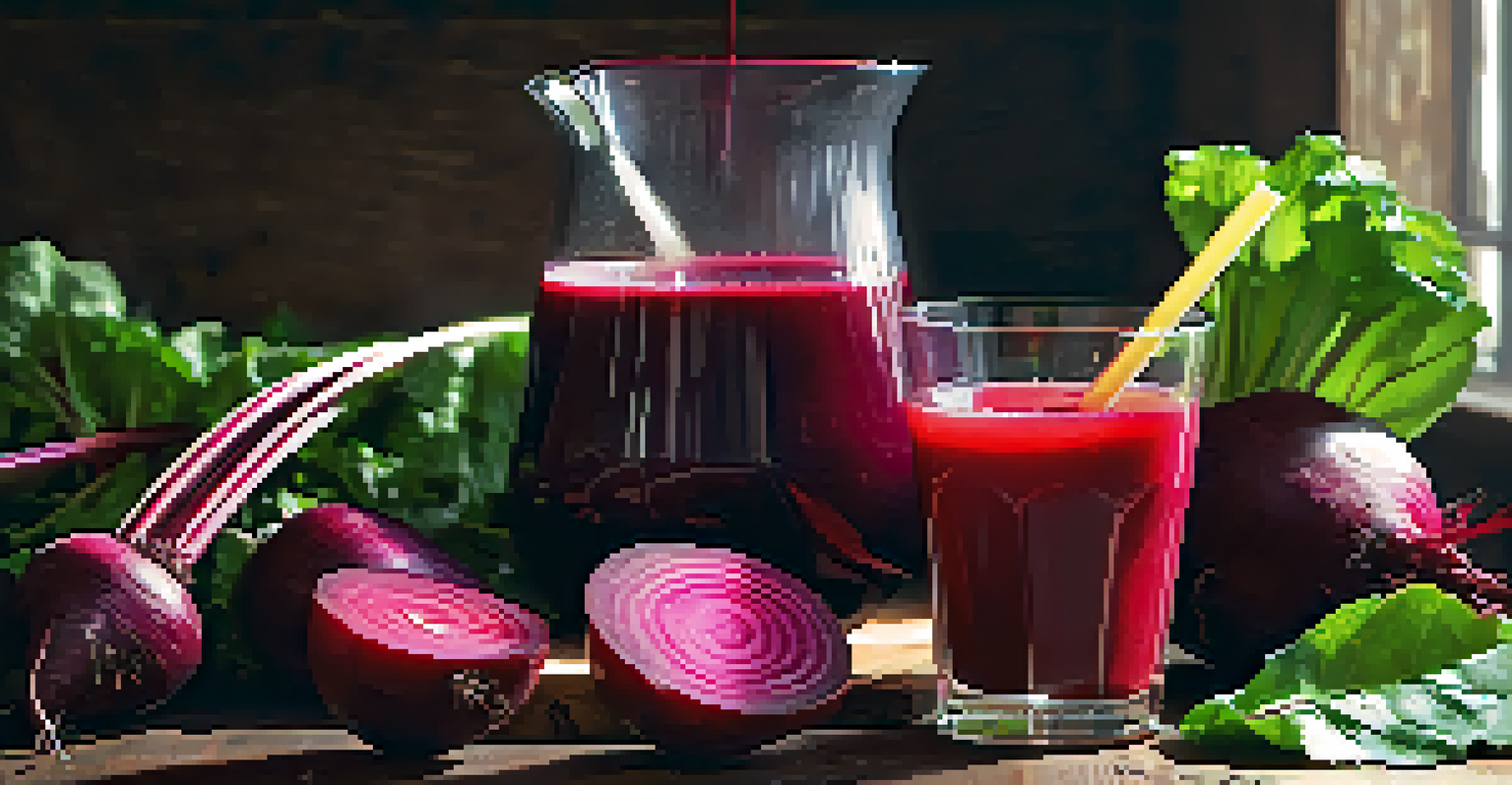 A ruby-red beetroot juice in a glass, surrounded by beets, carrots, and apple slices.