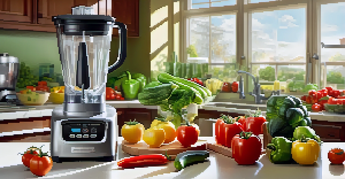 A kitchen countertop with colorful raw vegetables and fruits, a blender and food processor in the background, illuminated by sunlight.