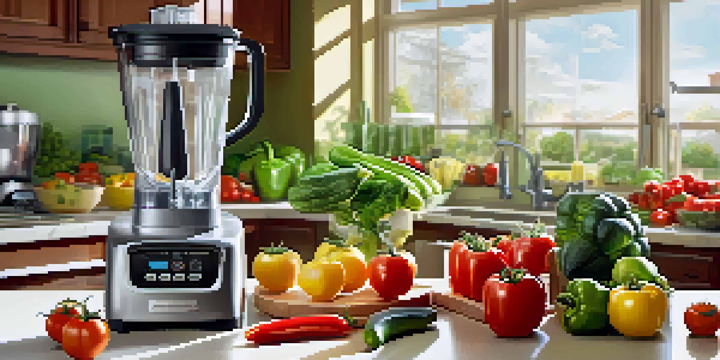 A kitchen countertop with colorful raw vegetables and fruits, a blender and food processor in the background, illuminated by sunlight.
