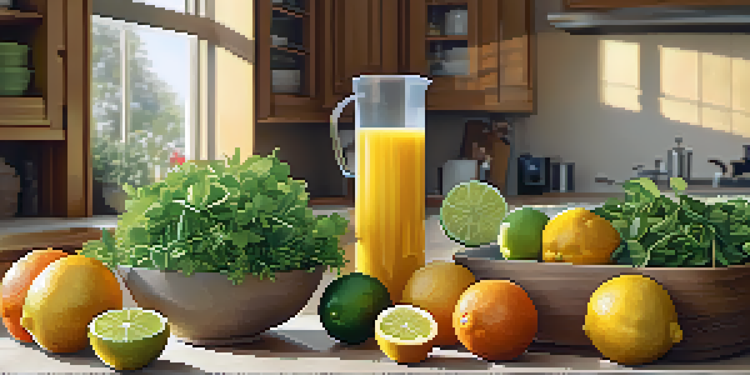 A colorful kitchen with fresh citrus fruits on a cutting board, sunlight illuminating the scene.