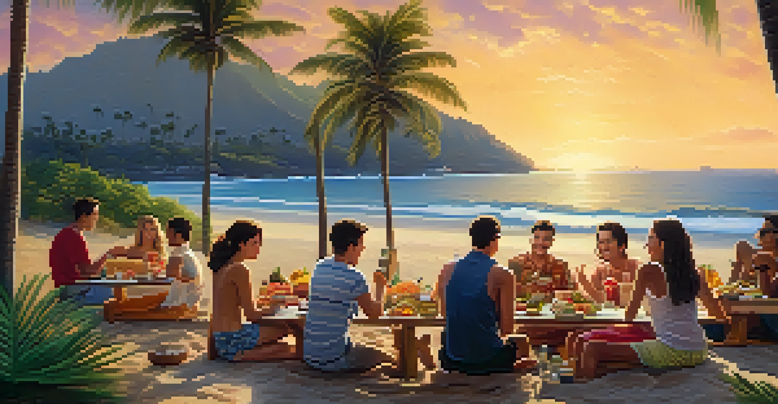 Friends enjoying poke bowls on a beach picnic with ocean views and palm trees.