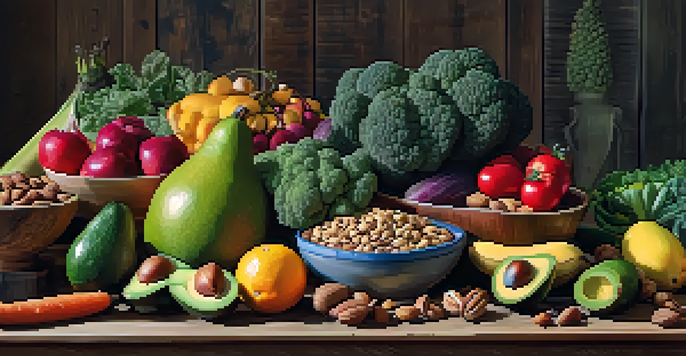 A colorful arrangement of fresh fruits and vegetables on a wooden table, featuring avocados, kale, bananas, and an assortment of nuts and seeds.