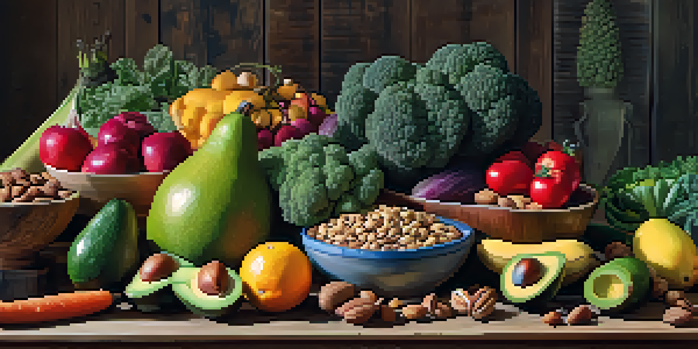 A colorful arrangement of fresh fruits and vegetables on a wooden table, featuring avocados, kale, bananas, and an assortment of nuts and seeds.
