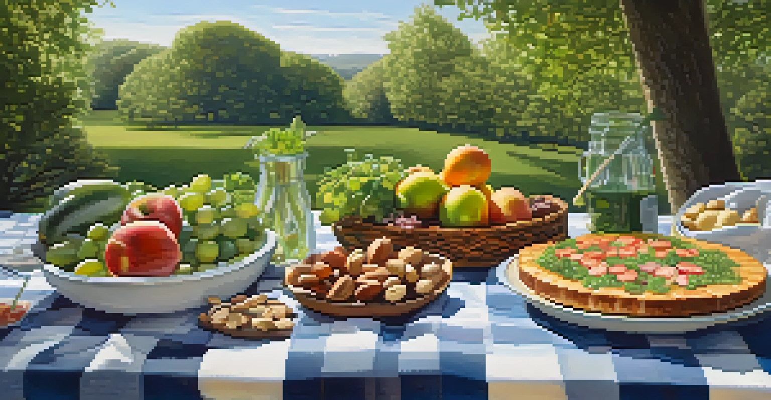 A picnic setup with raw vegan dishes on a blanket in a green outdoor setting, surrounded by nature.