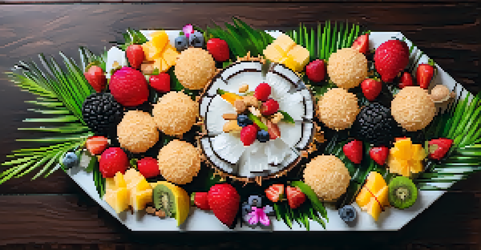 A dessert platter with various raw coconut macaroons and tropical decor, showcasing their colorful presentation.
