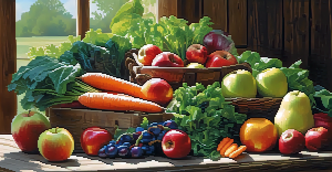 A variety of fresh fruits and vegetables beautifully arranged on a wooden table, bathed in warm sunlight.