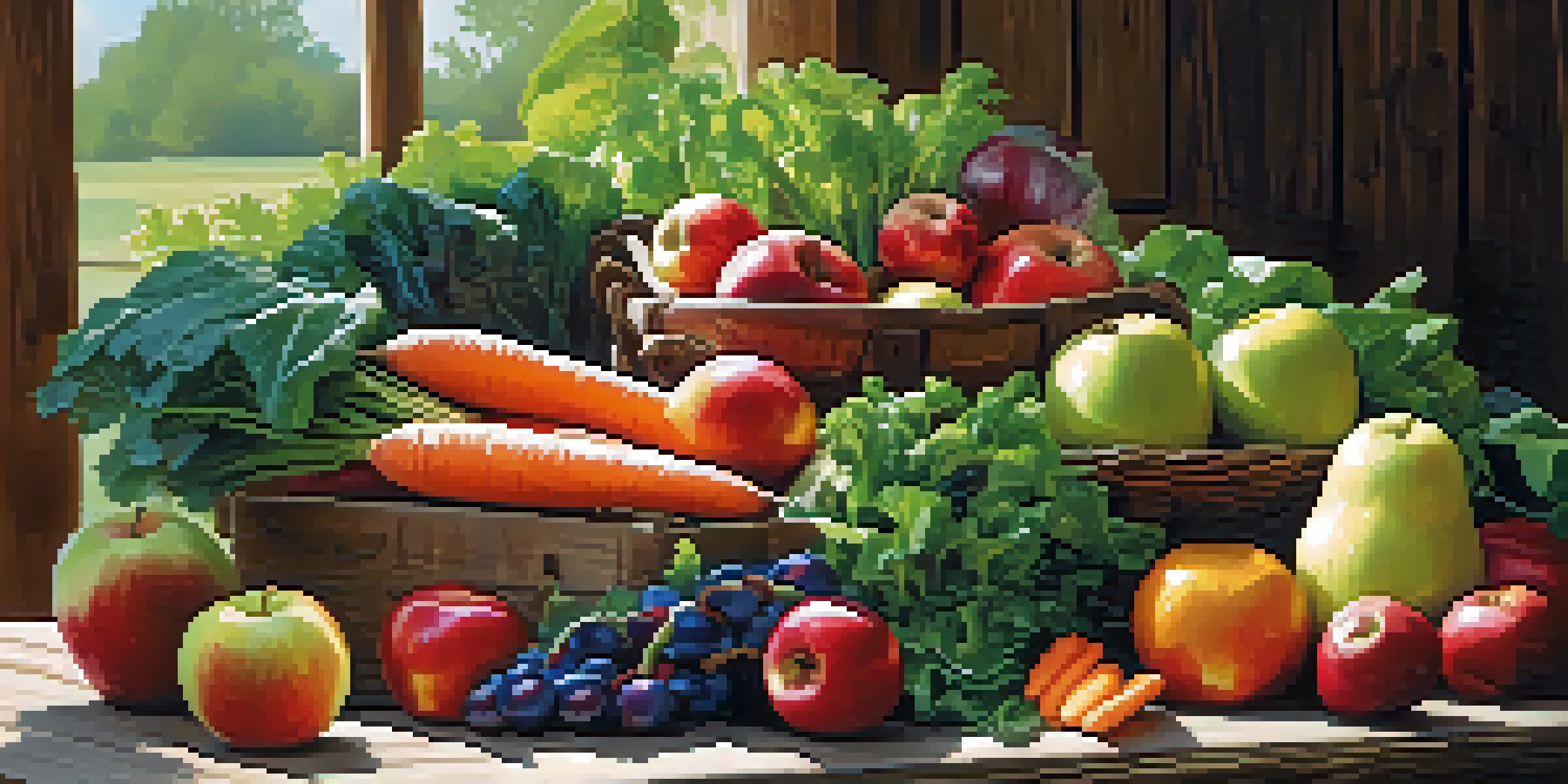 A variety of fresh fruits and vegetables beautifully arranged on a wooden table, bathed in warm sunlight.