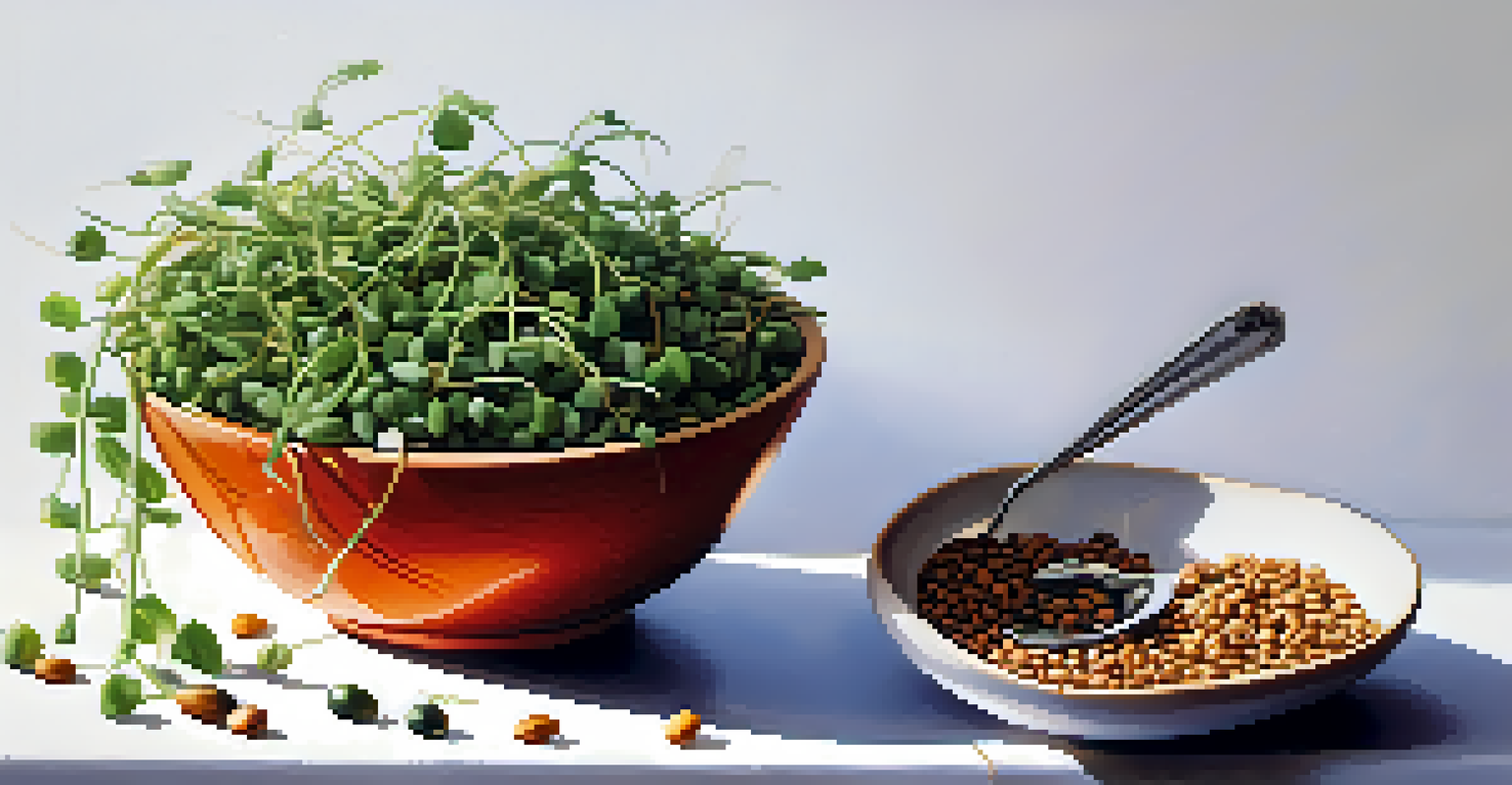 A close-up of a bowl with sprouted seeds and legumes on a white surface, illuminated by natural light.
