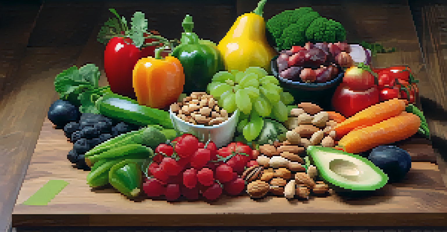 An artistic close-up of a raw food platter with assorted colorful vegetables, fruits, and nuts on a wooden board.