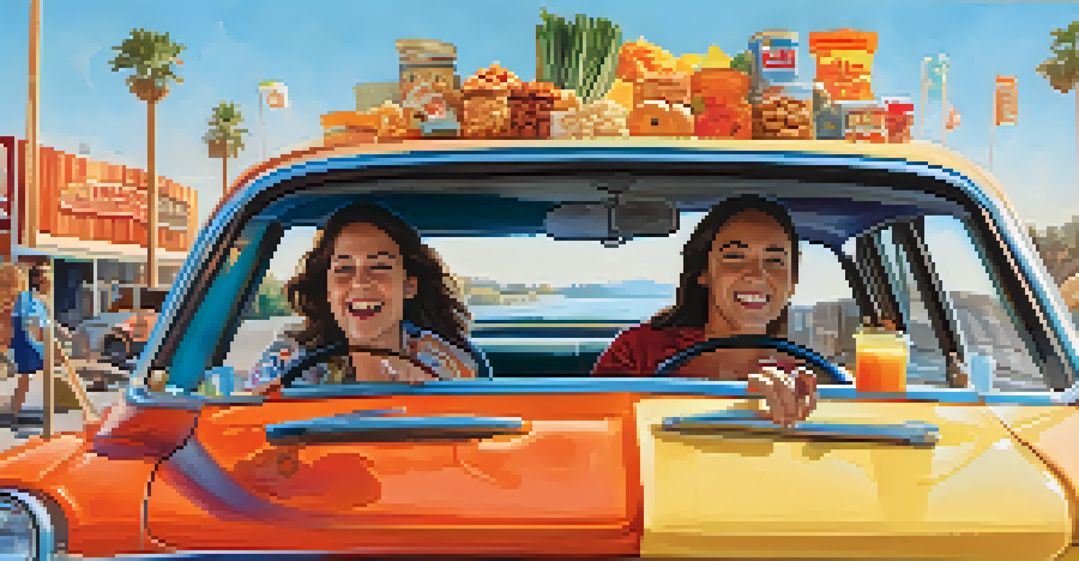 Friends in a car sharing raw snacks like nuts and veggie wraps, with sunlight illuminating their joyful expressions.
