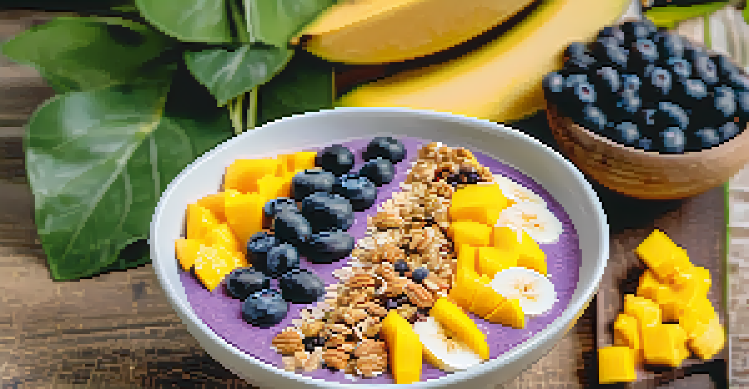 A smoothie bowl with mango, blueberries, and granola in a coconut bowl, set against a tropical background.