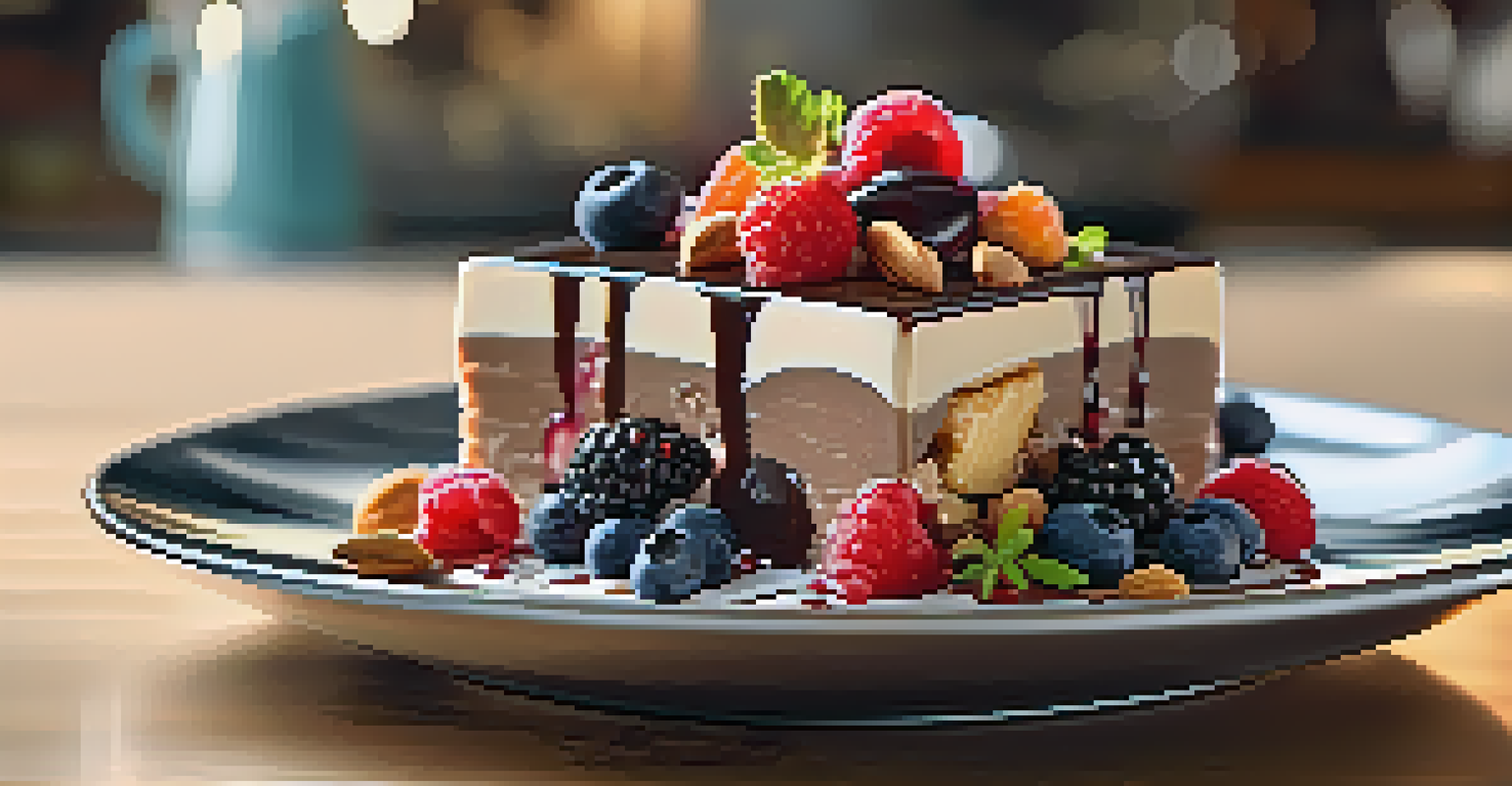 A close-up of a raw dessert in a glass bowl, made with nuts and fruits, garnished with berries and chocolate sauce, set in a modern kitchen.