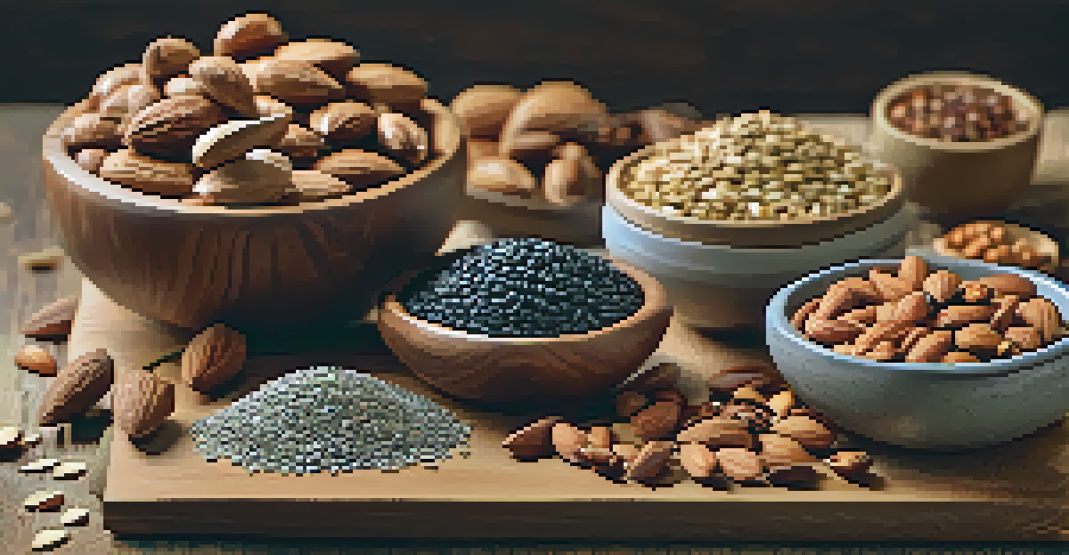A wooden platter with an assortment of nuts and seeds, including almonds and chia seeds, along with a bowl of raw honey, bathed in soft lighting.