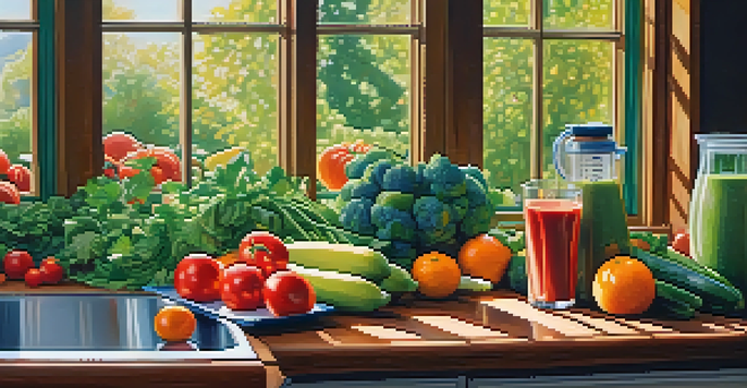 A bright kitchen filled with colorful raw fruits and vegetables on a wooden countertop, with a blender nearby and sunlight streaming through a window.