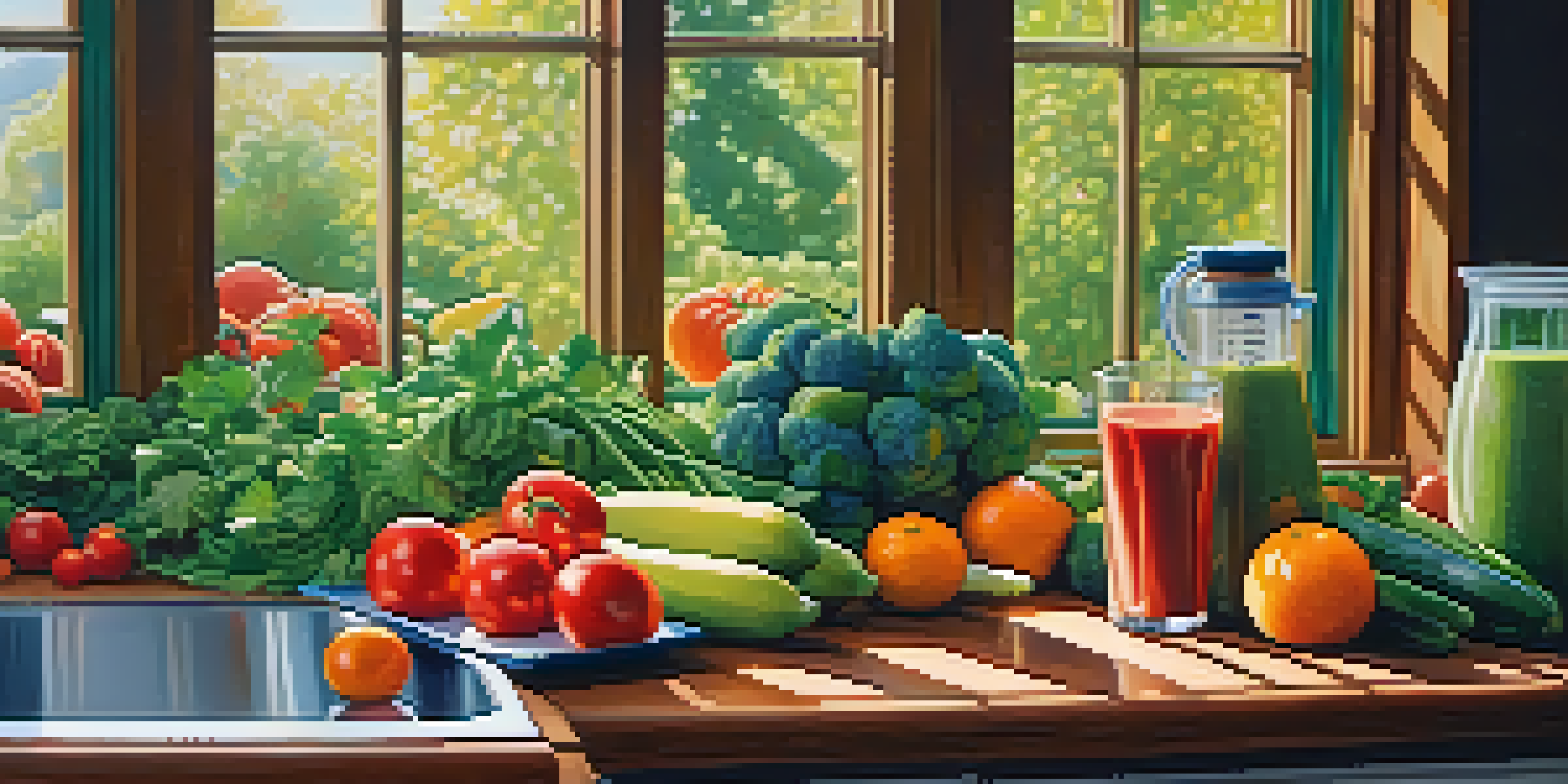 A bright kitchen filled with colorful raw fruits and vegetables on a wooden countertop, with a blender nearby and sunlight streaming through a window.