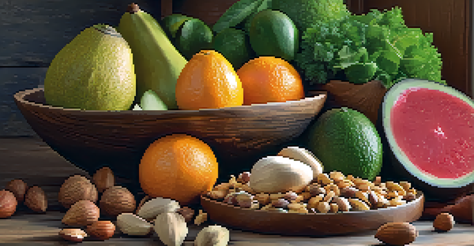 A wooden platter filled with colorful fruits and vegetables, set in a rustic kitchen with soft lighting.