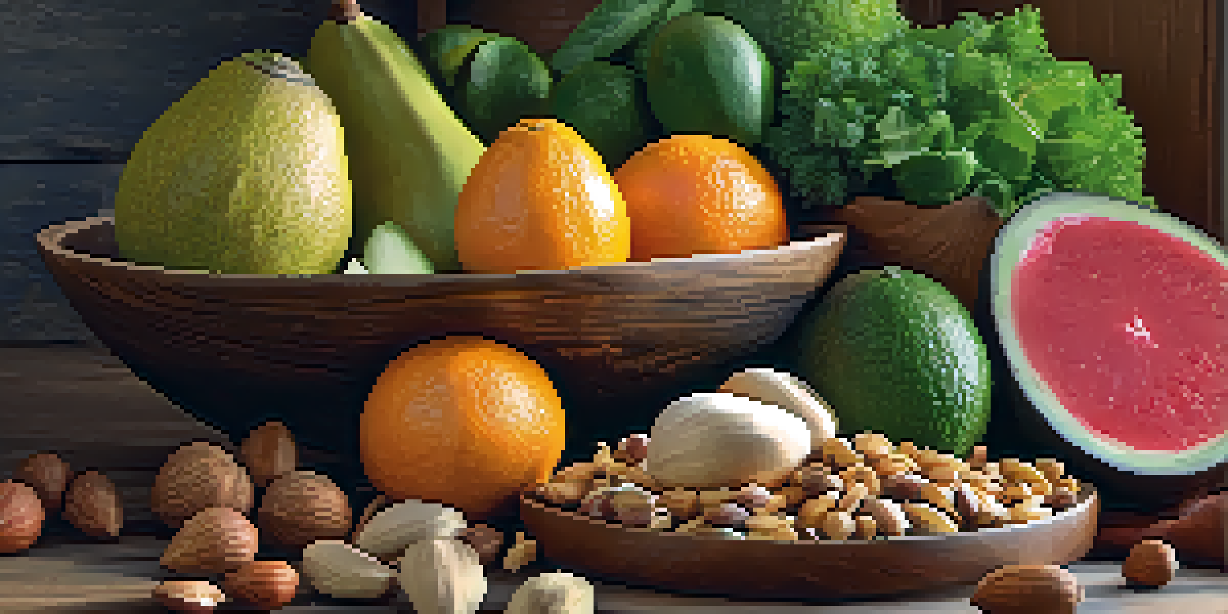 A wooden platter filled with colorful fruits and vegetables, set in a rustic kitchen with soft lighting.