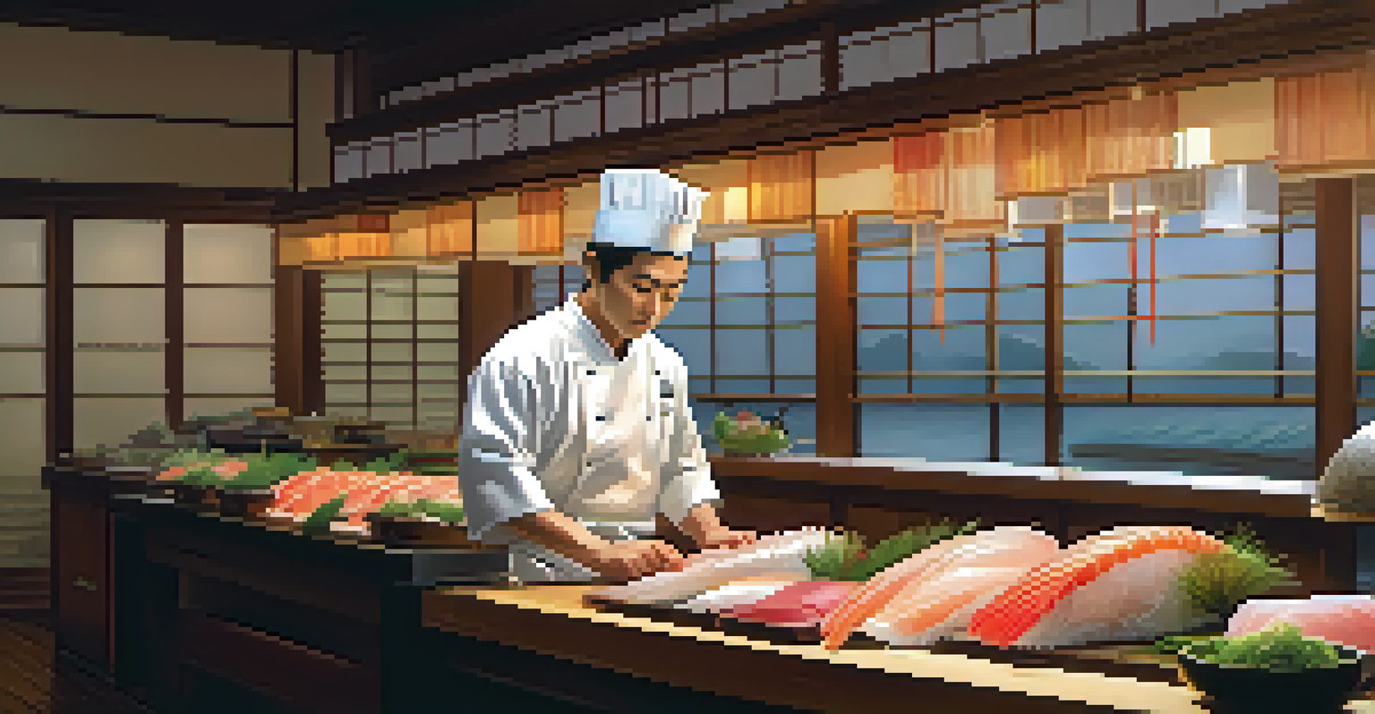 A Japanese chef slicing fish for sashimi at a sushi counter, wearing a white apron and hat, with fresh ingredients in the background and warm lighting.