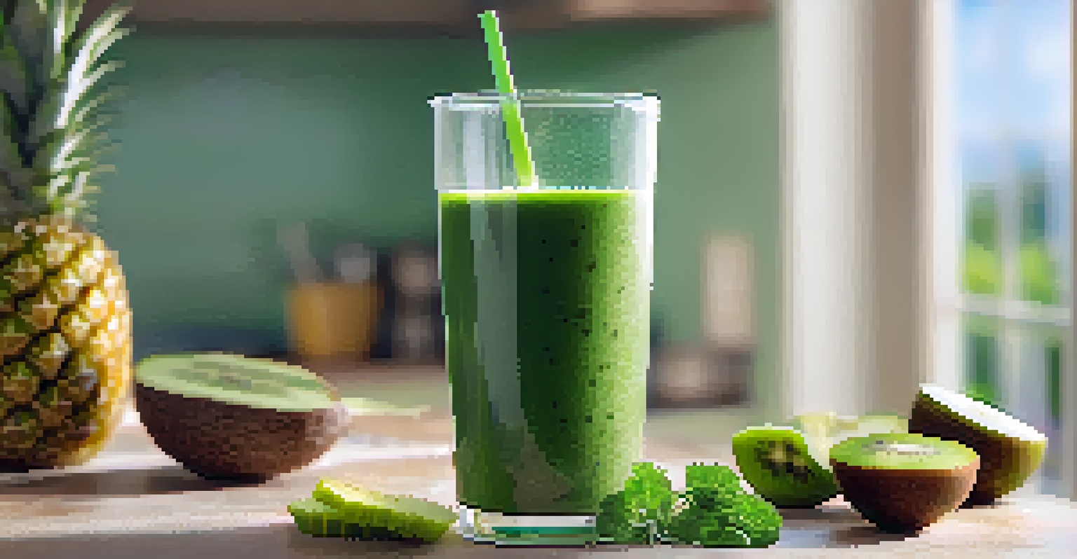 A green smoothie in a clear glass with spinach, kale, and banana, topped with kiwi slices and chia seeds, set in a bright kitchen.