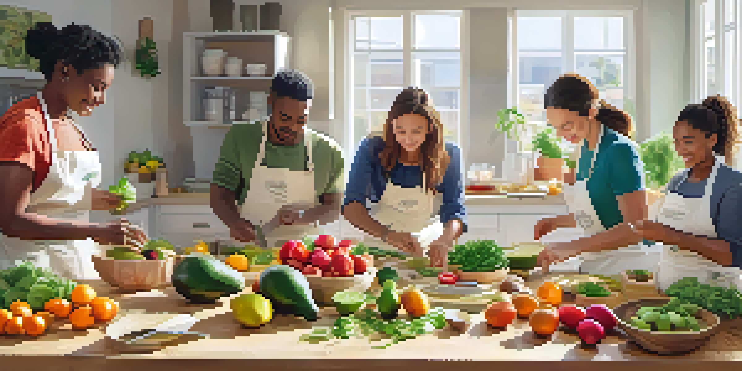 Participants in a raw food cooking class preparing colorful fruits and vegetables in a sunny kitchen.