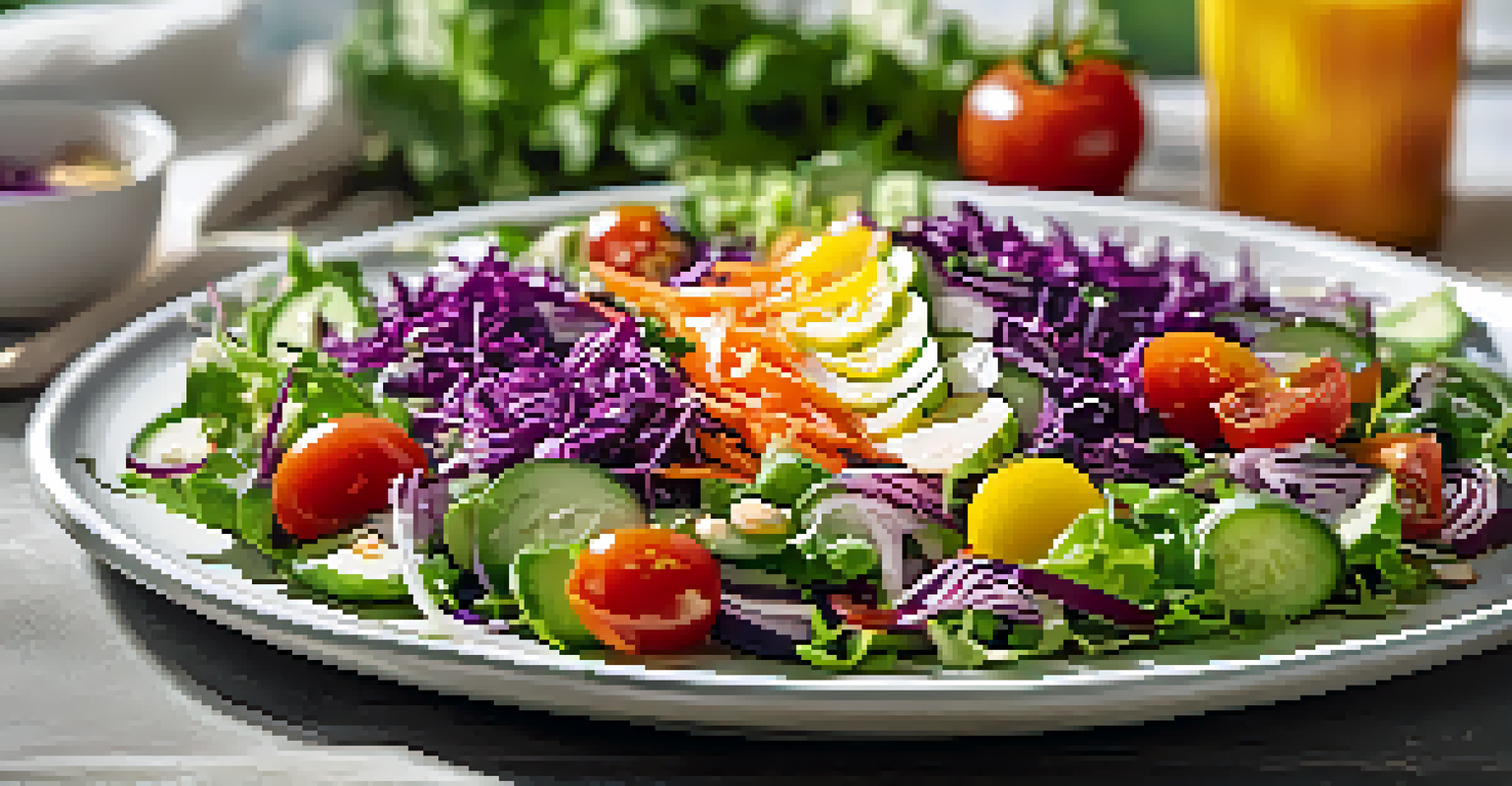 A vibrant salad with mixed greens, cherry tomatoes, shredded carrots, sliced cucumbers, and purple cabbage on a plate, illuminated by soft natural light.