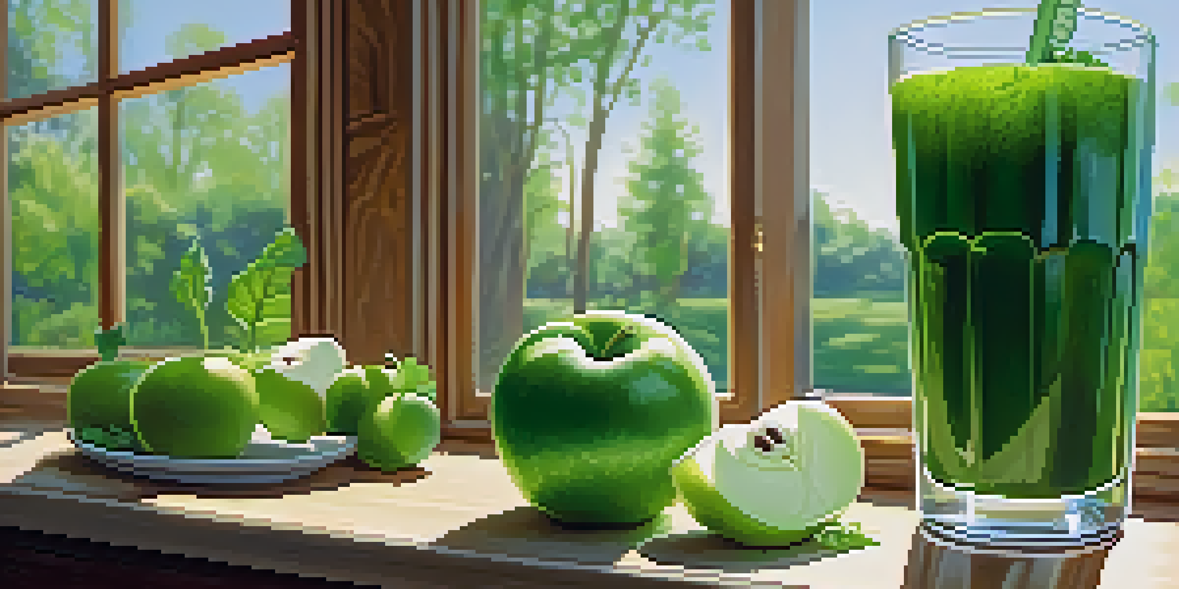 A glass of green juice made from spinach, kale, and apple, with fresh ingredients around it on a wooden table.