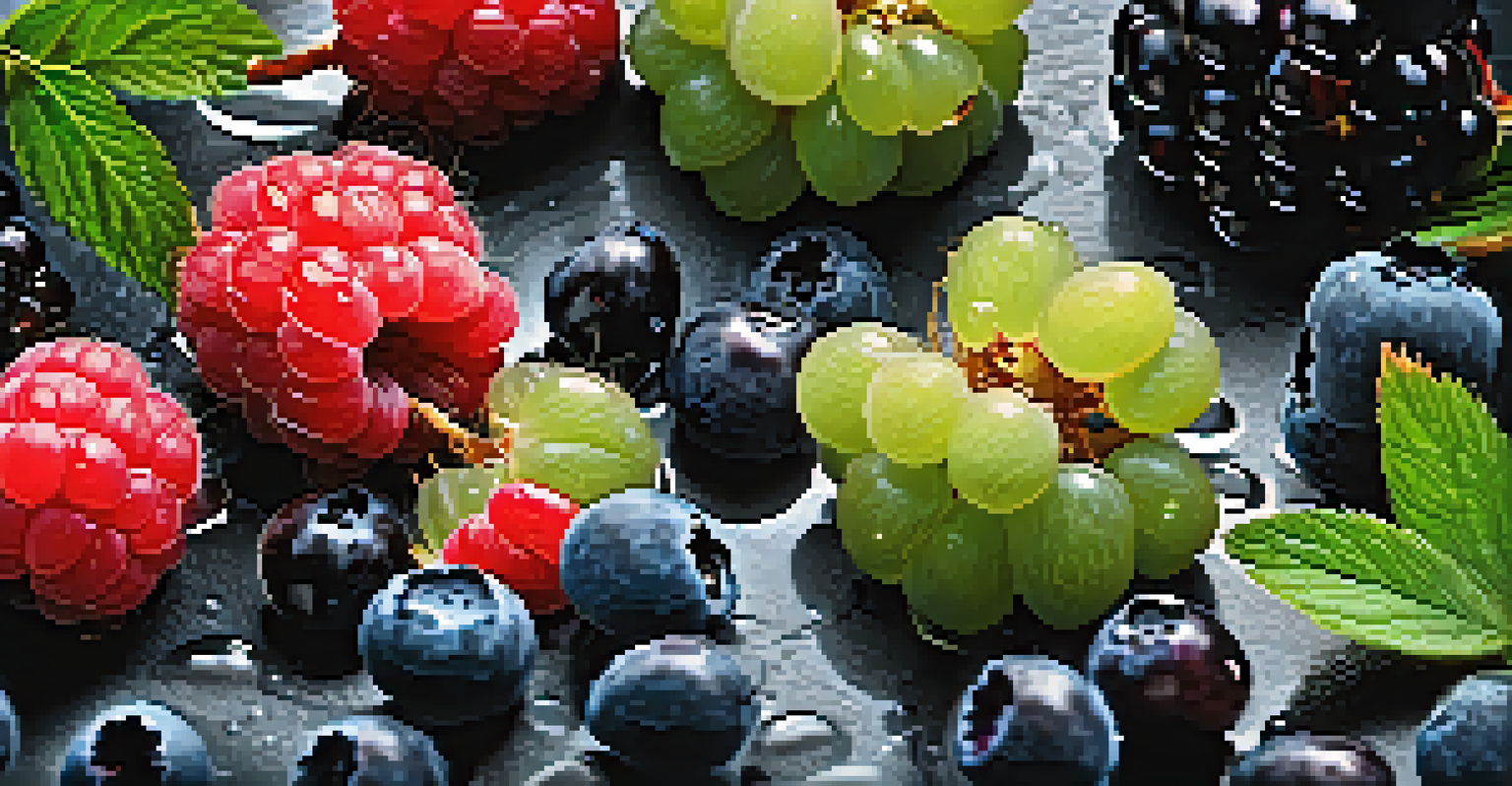 A close-up view of fresh berries arranged on a slate plate, showcasing their vibrant colors and droplets of water.