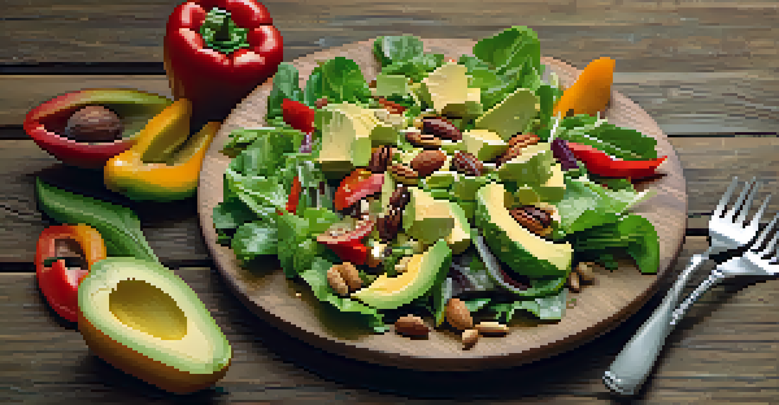 A close-up of a fresh salad with leafy greens, avocado, and bell peppers on a wooden plate.