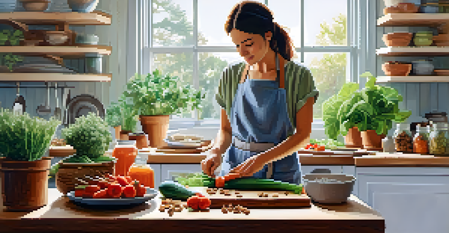 A person chopping vegetables in a bright kitchen, with houseplants and jars of nuts in the background.