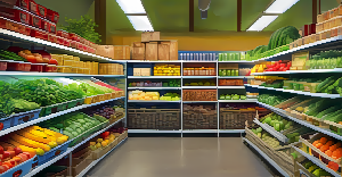A well-organized raw food pantry showcasing a variety of fresh fruits and vegetables, with bright natural lighting.