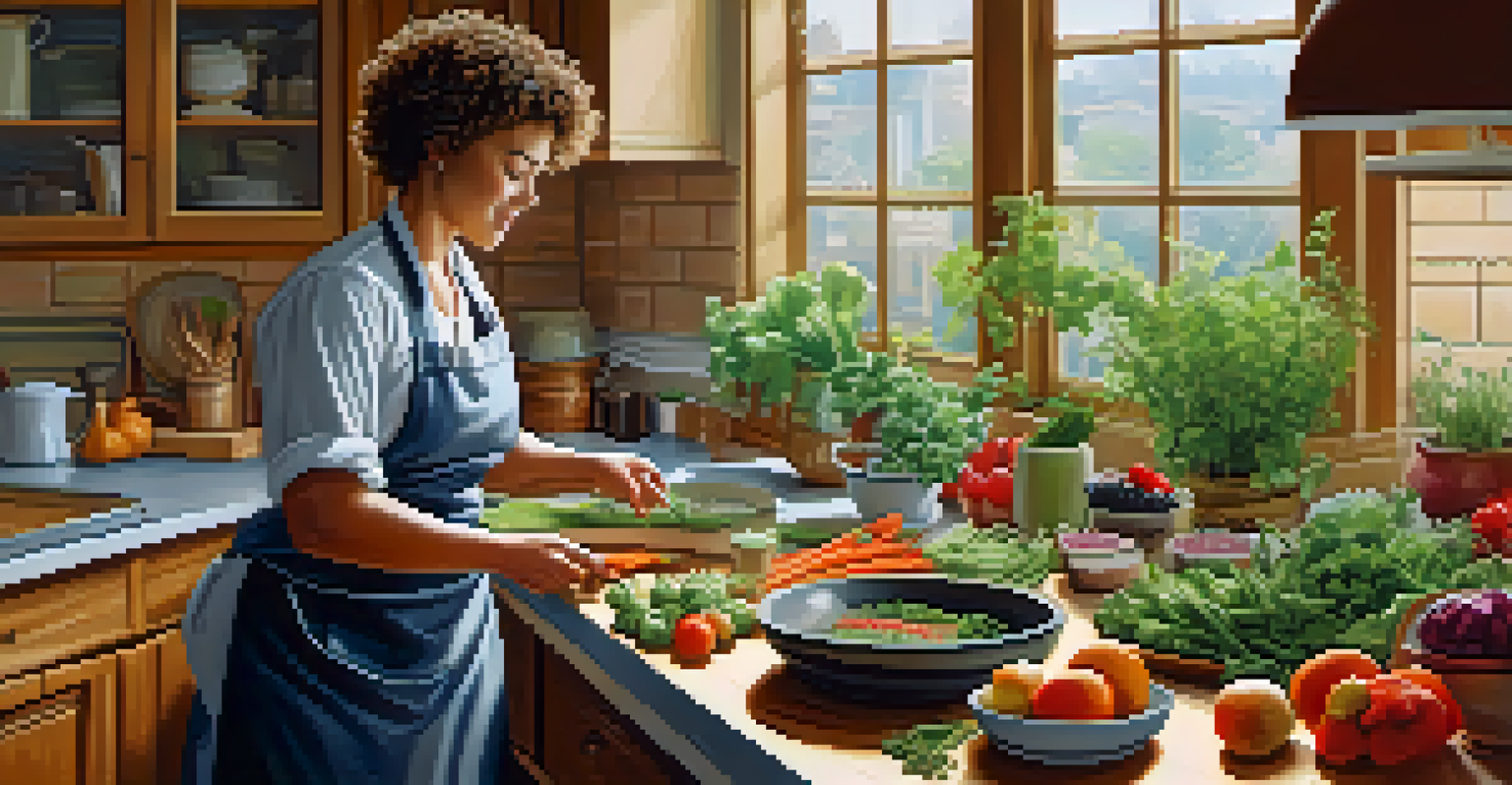 A woman in a bright kitchen chopping vegetables for a raw food dish, surrounded by colorful produce and potted herbs.