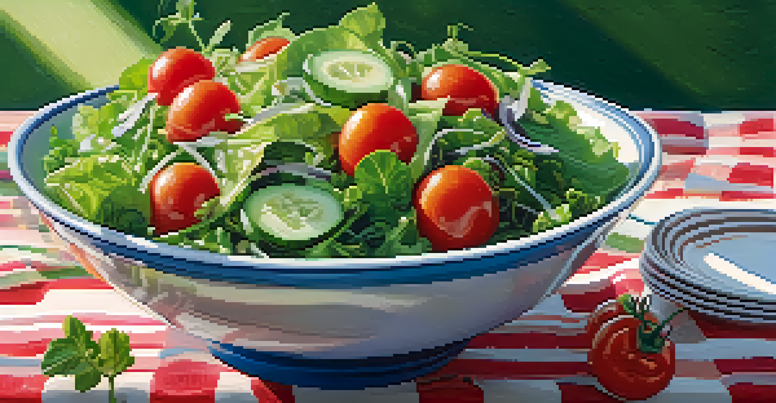 A close-up of a raw salad bowl with leafy greens, cherry tomatoes, and cucumbers, illuminated by sunlight.
