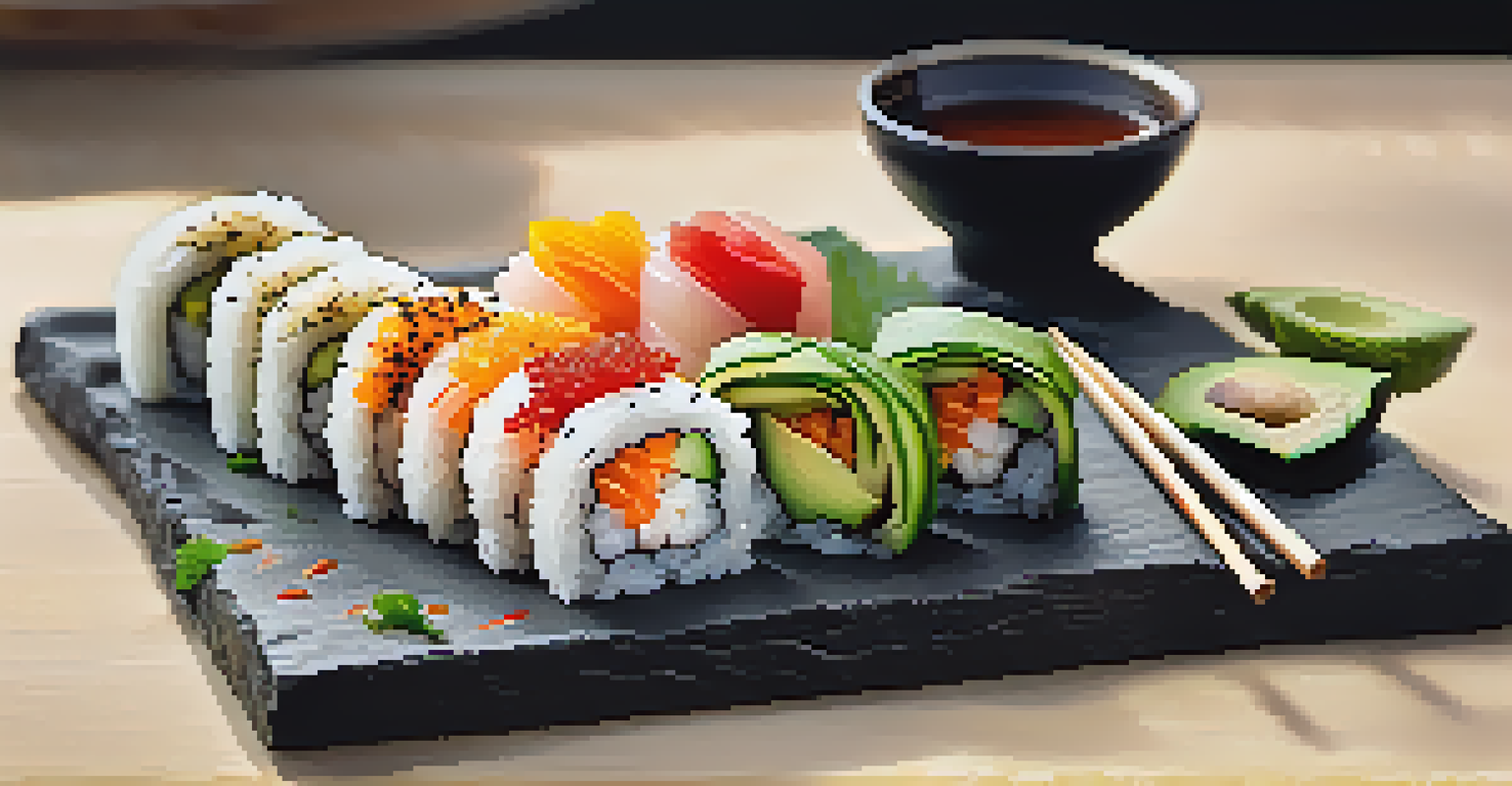 Raw sushi rolls filled with vegetables and avocado on a slate platter with dipping sauce and chopsticks.