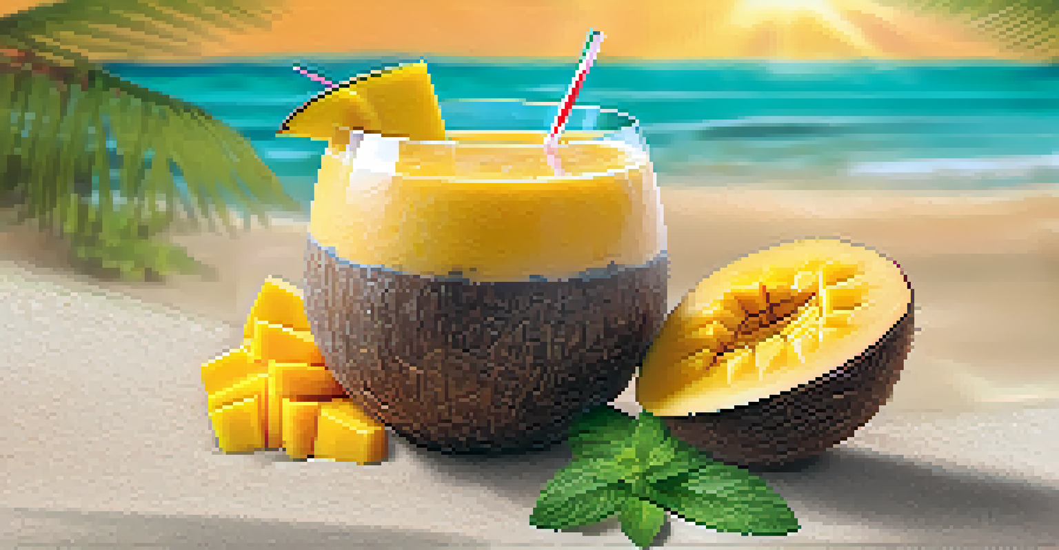 A coconut shell filled with mango smoothie, garnished with a mango slice and mint, set against a tropical beach background.