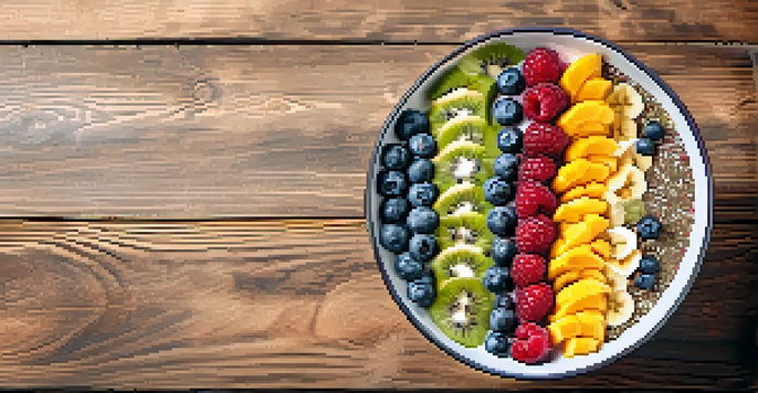 A colorful superfood smoothie bowl with sliced fruits and chia seeds, displayed on a wooden table under natural light.