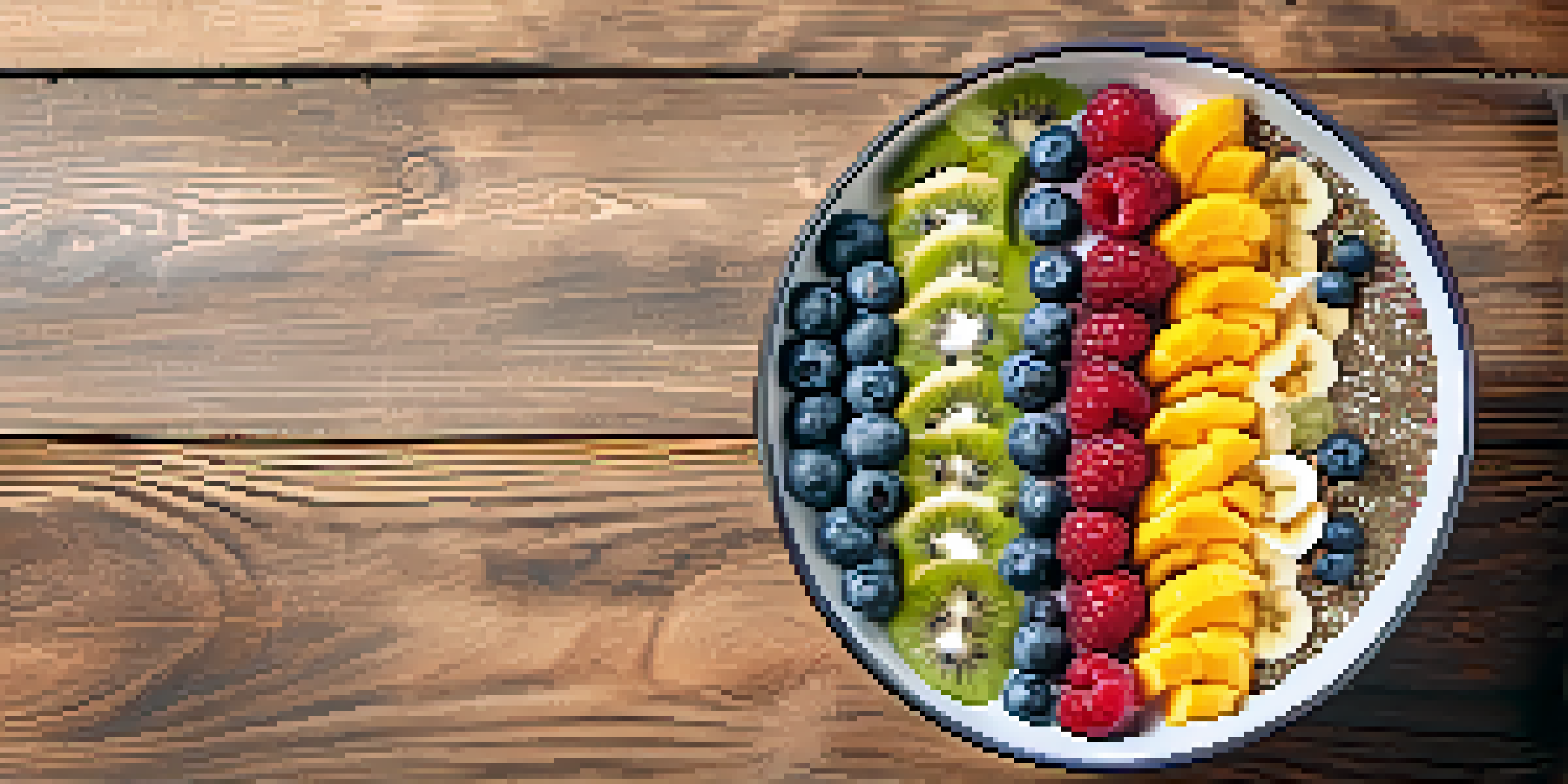 A colorful superfood smoothie bowl with sliced fruits and chia seeds, displayed on a wooden table under natural light.