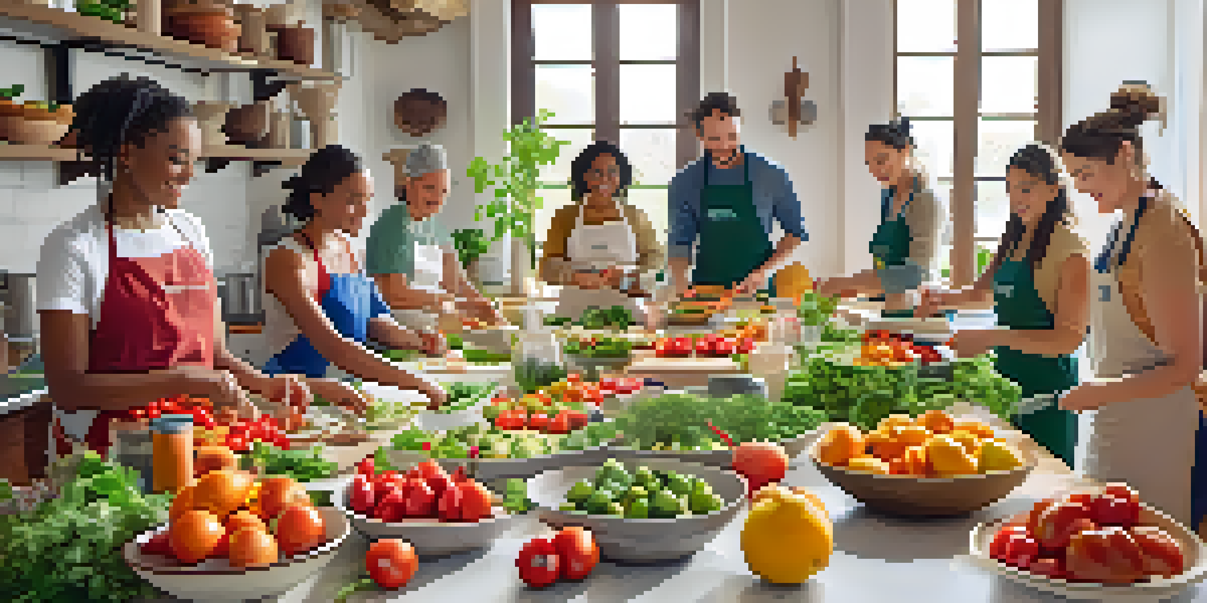 A lively cooking class with participants preparing fresh vegetables and fruits in a well-lit kitchen.