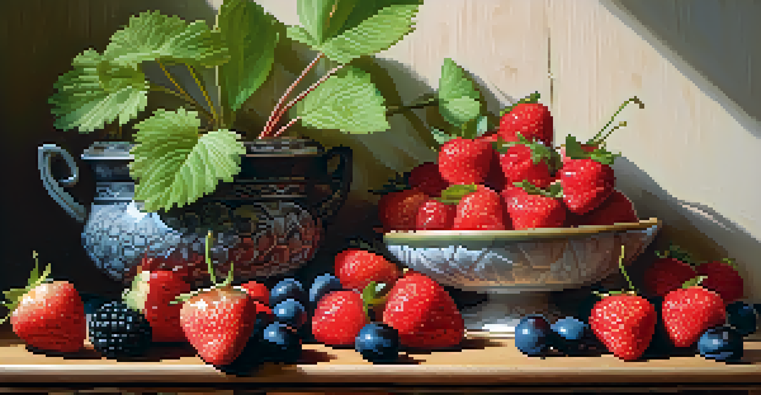 An artistic display of seasonal fruits such as strawberries, cherries, and rhubarb on a wooden surface, illuminated by soft natural light.